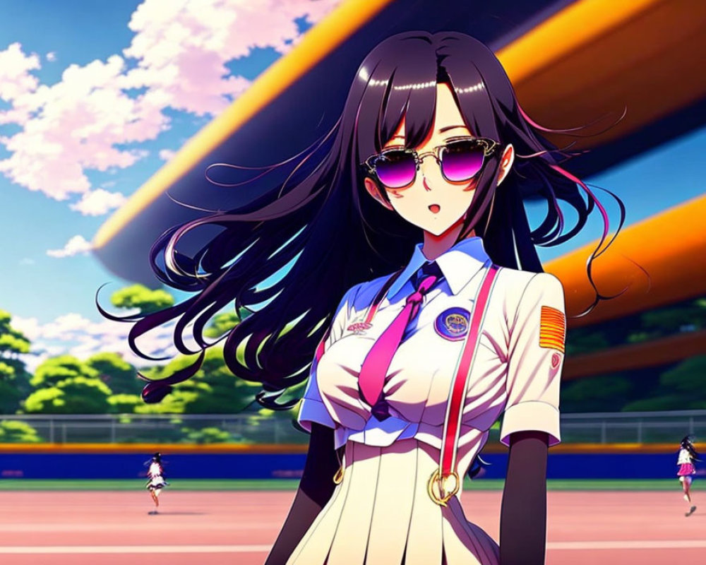 Anime-style girl with black hair in school uniform on sports field