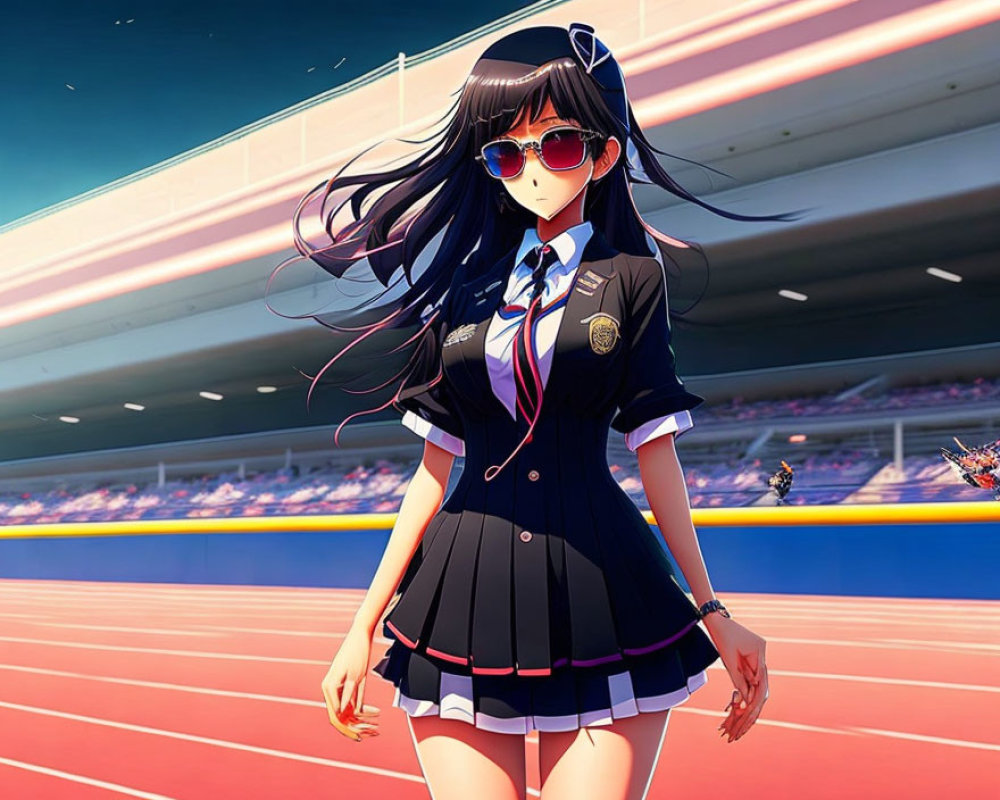 Long-haired animated girl in school uniform and sunglasses on track field with stadium seats