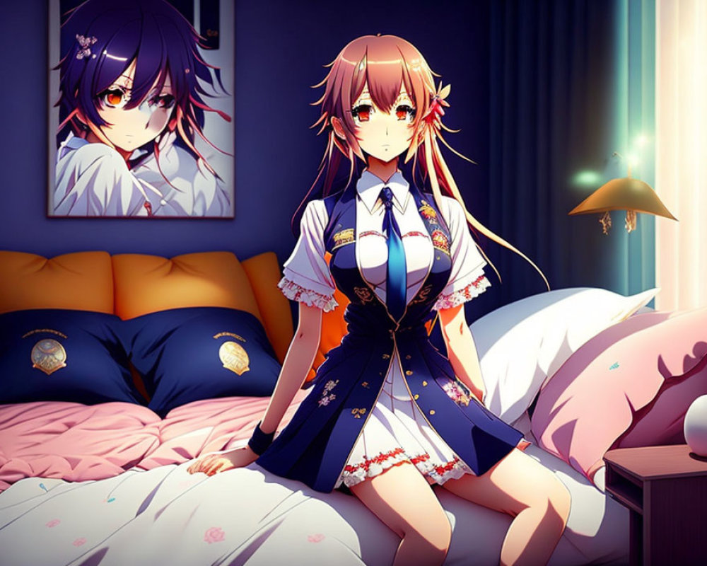 Illustrated female character with reddish-brown hair in maid outfit sitting on bed with blue sheets and
