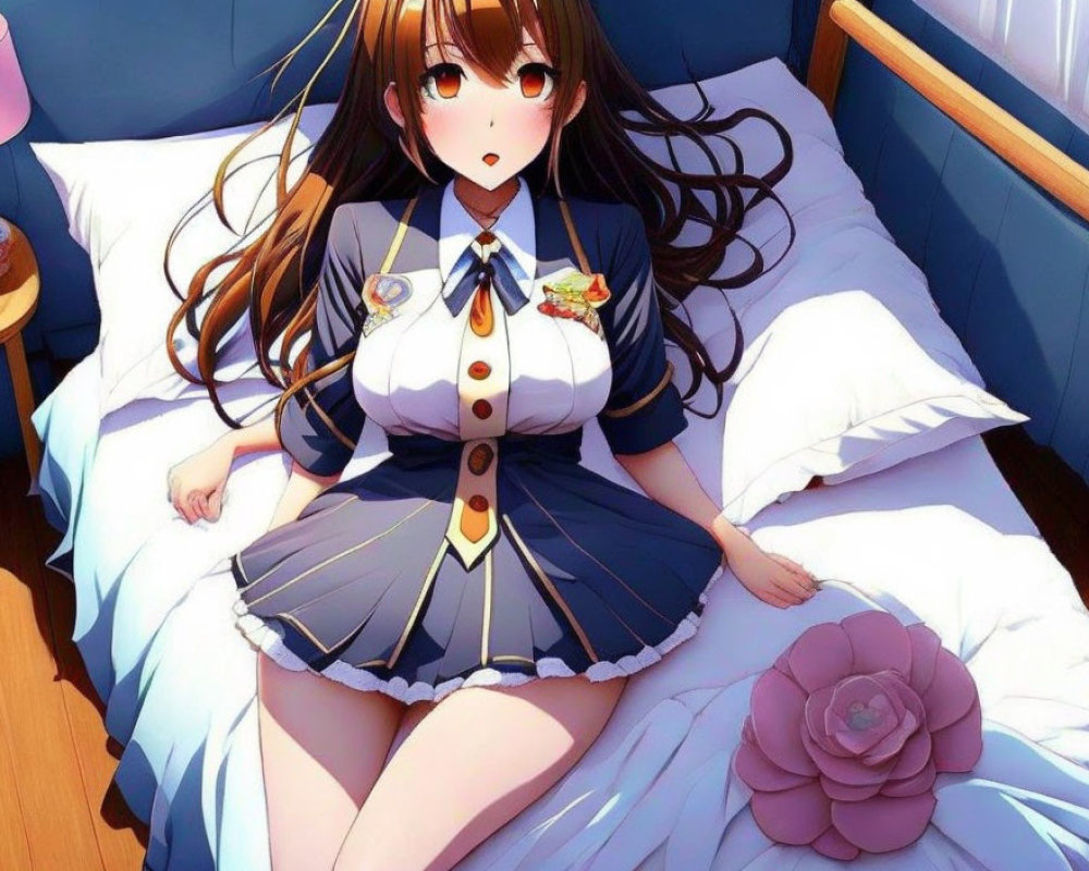 Brown-haired animated character in school uniform on bed with blue sheets, white pillows, pink flower.