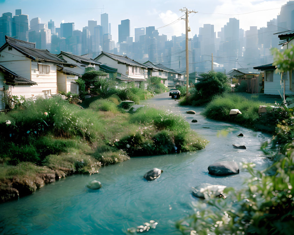 Tranquil Stream in Lush Residential Area with Traditional Houses and Modern City Skyline