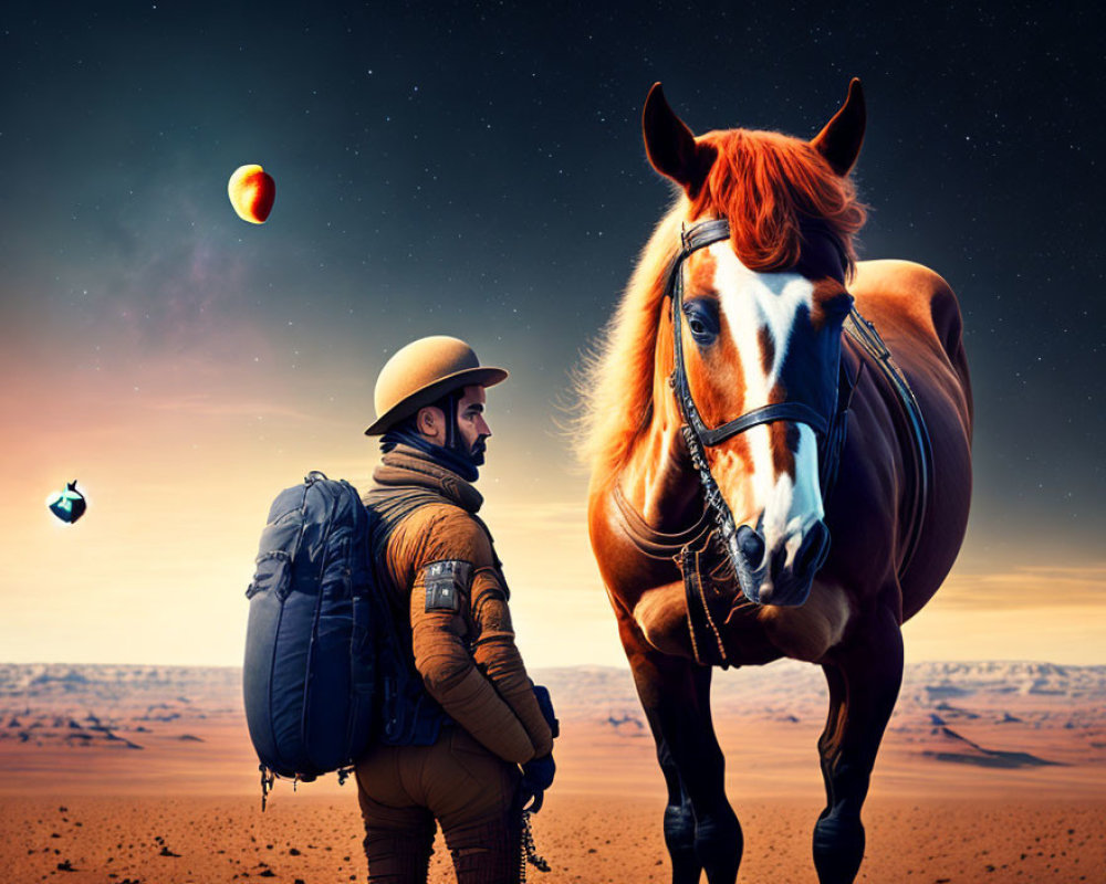 Traveler in spacesuit with horse on alien desert terrain under two moons