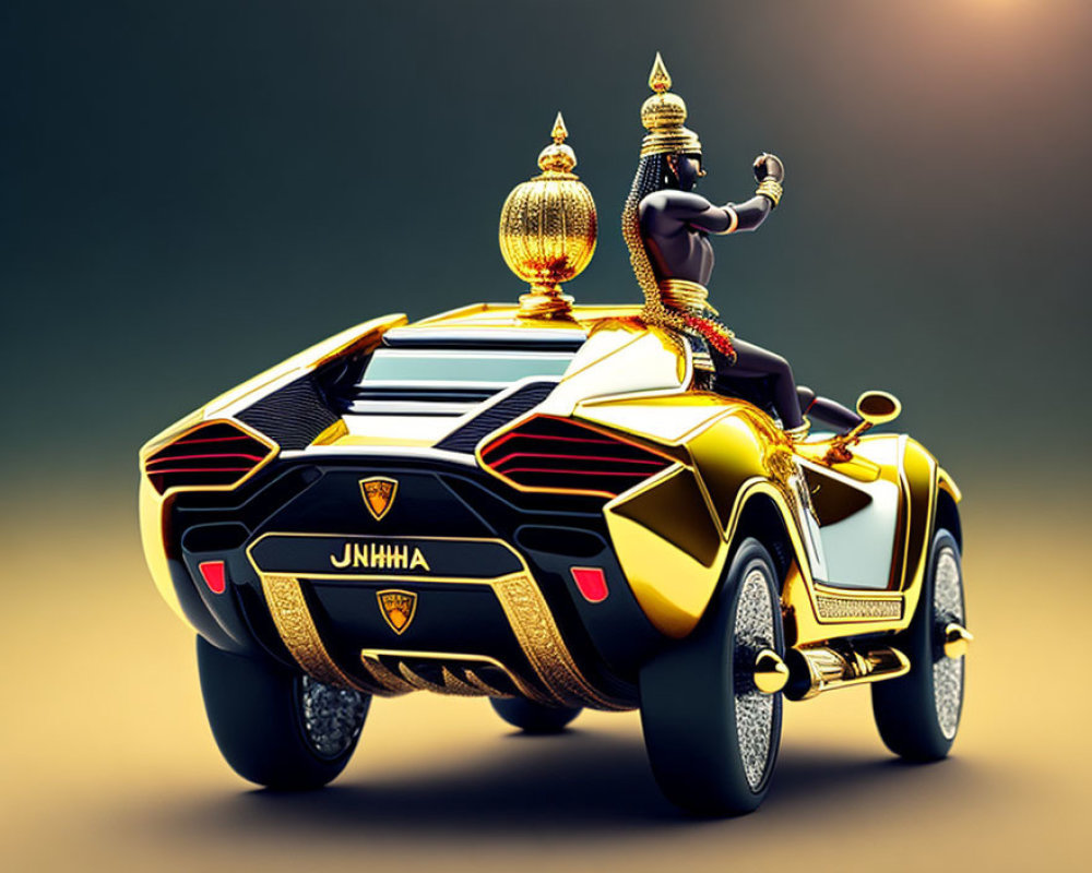 Stylized depiction of Hindu god Shiva on gold and black futuristic car