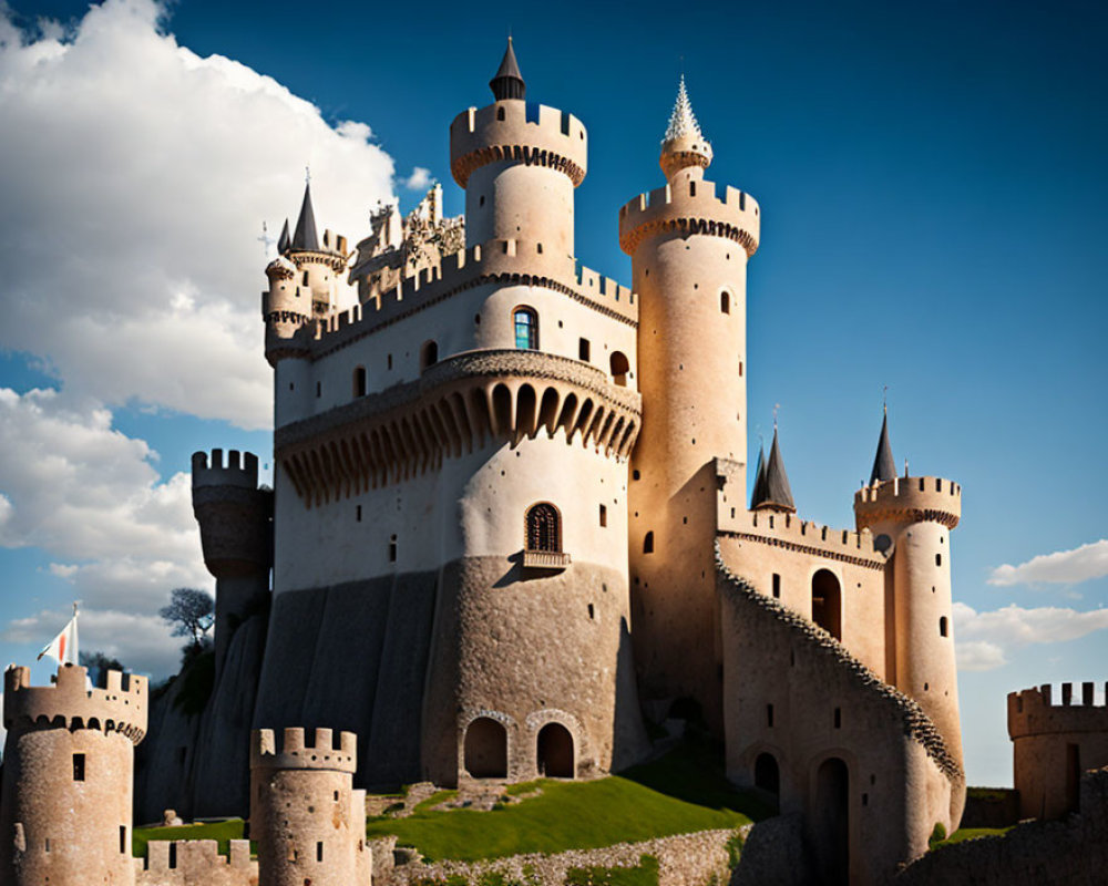 Medieval castle with turrets and towers under blue sky