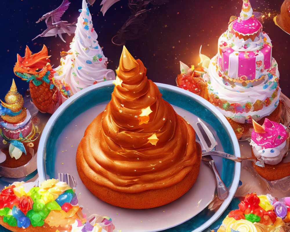 Colorful Ornate Cakes with Vibrant Frosting and Decorations