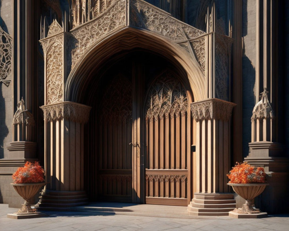 Wooden cathedral doors with stone arches and orange flowers in sunlight