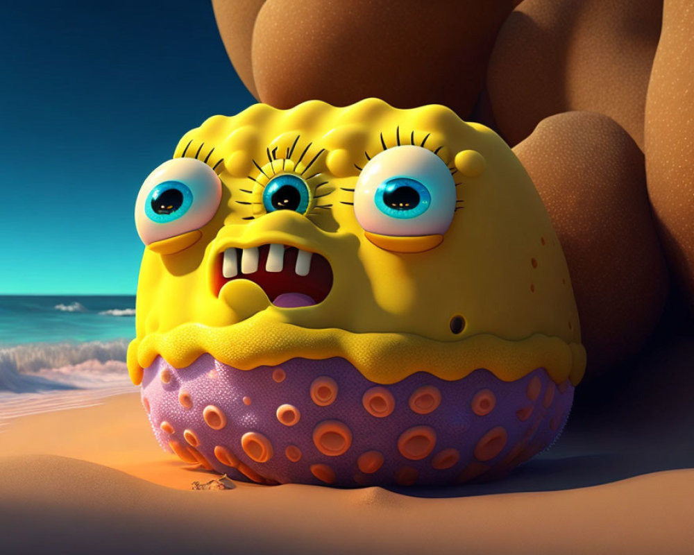 Exaggerated 3D SpongeBob SquarePants Caricature on Beach