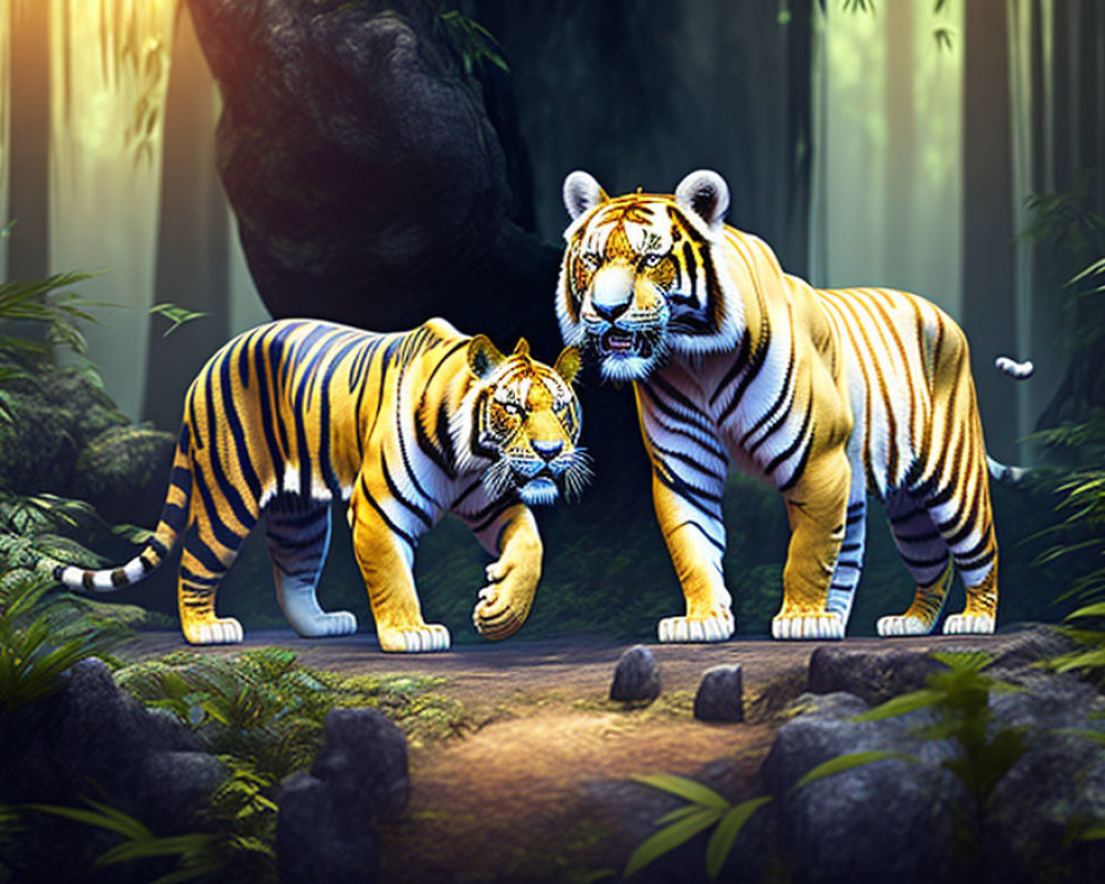 Two Tigers in Jungle with Ethereal Sunlight and Lush Greenery