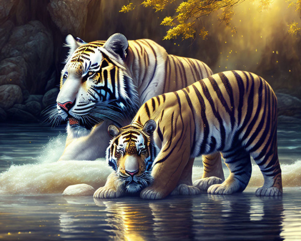 White Tigers with Black Stripes in Mystical Forest Setting