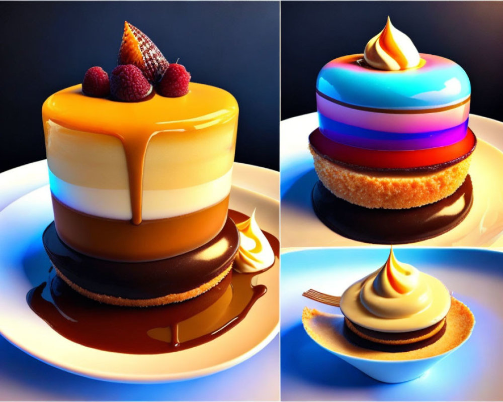 Stylized traditional and colorful cakes with cream topping