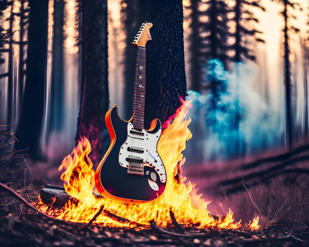 Flaming electric guitar in forest with blue smoke