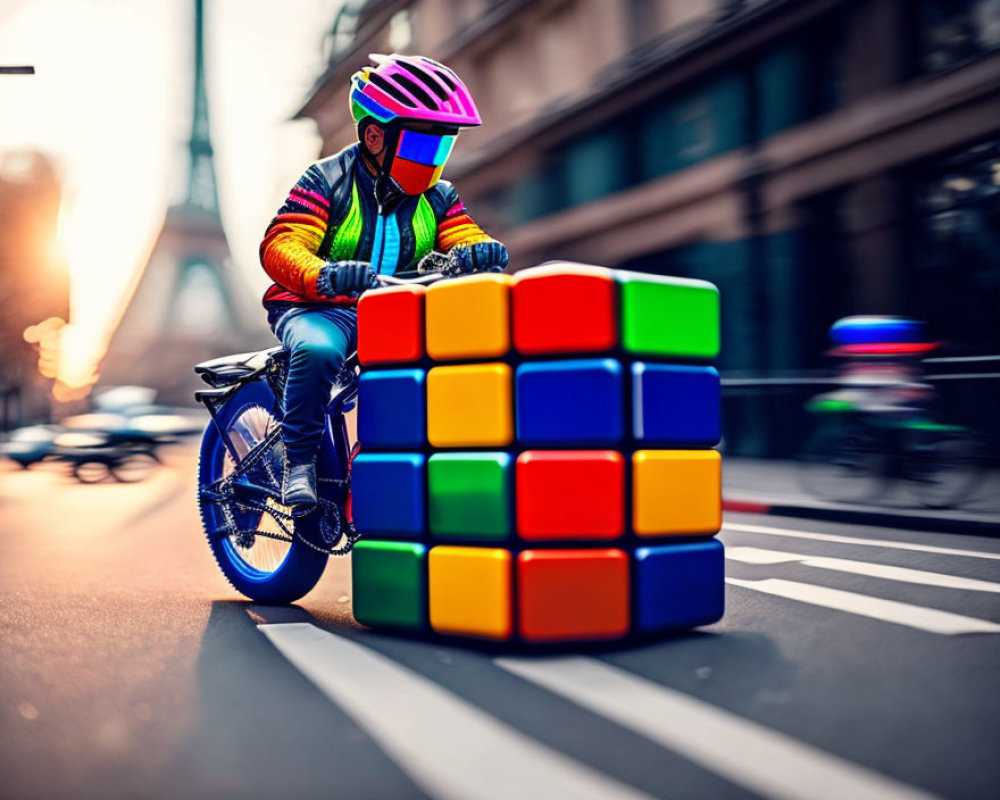 Colorfully dressed cyclist on e-bike passes Rubik's cube in city with blurred Eiffel