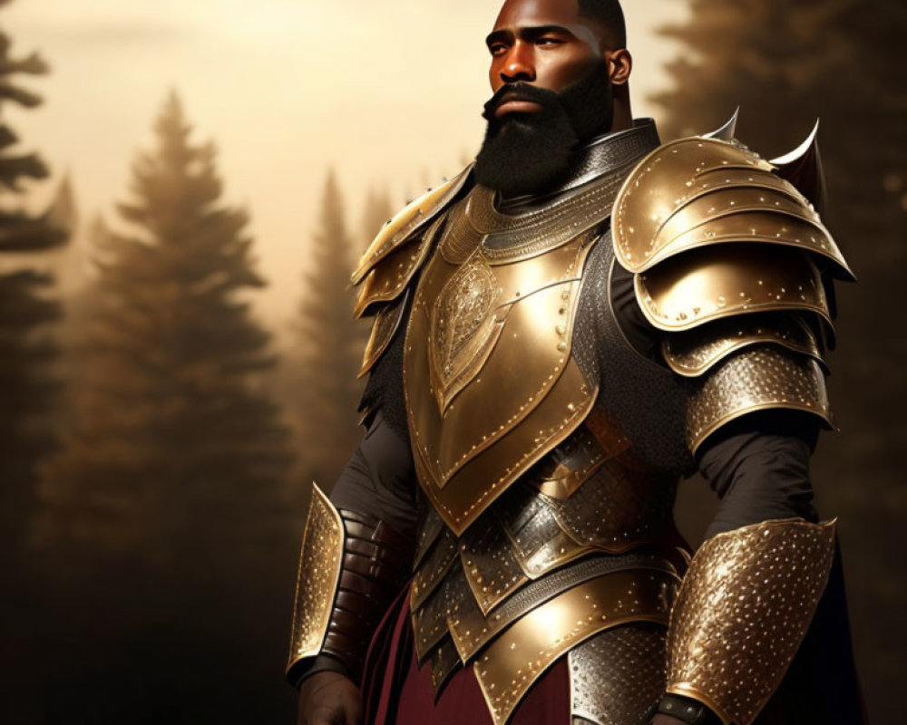 Golden-armored warrior with groomed beard in forest setting