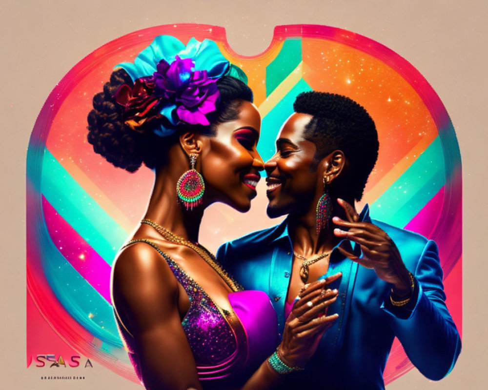 Vibrant Dancing Couple Illustration with Stylish Patterns