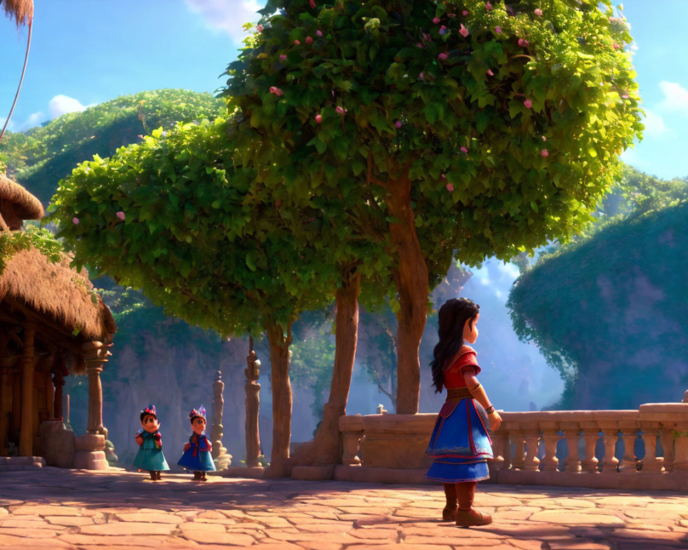 Illustration of woman and children by lush tree near thatched hut