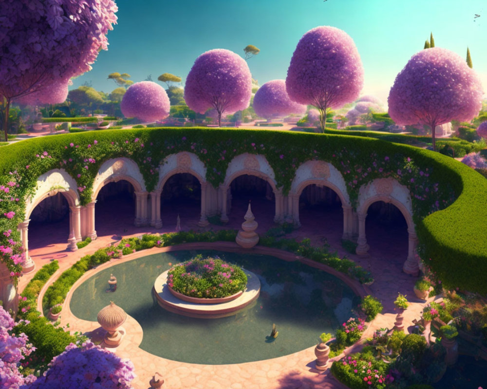 Tranquil garden with lush greenery, blooming trees, arched walkways, and central