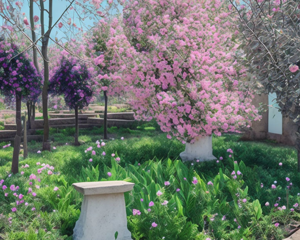Vibrant pink blooming trees in lush garden with white concrete seat