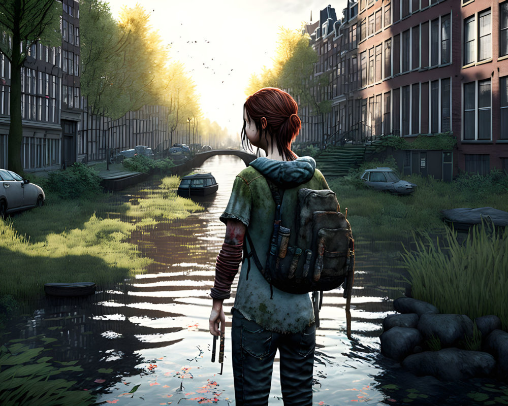 Young woman with backpack in post-apocalyptic cityscape by overgrown canal