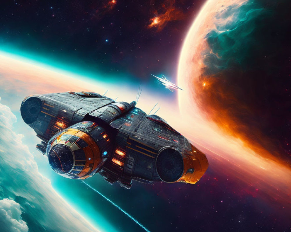Large spacecraft and small fighter ship in vibrant sci-fi scene with colorful nebula and imposing planet