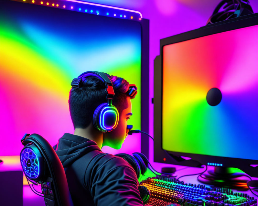 Vibrant gaming setup with RGB lighting and colorful screens