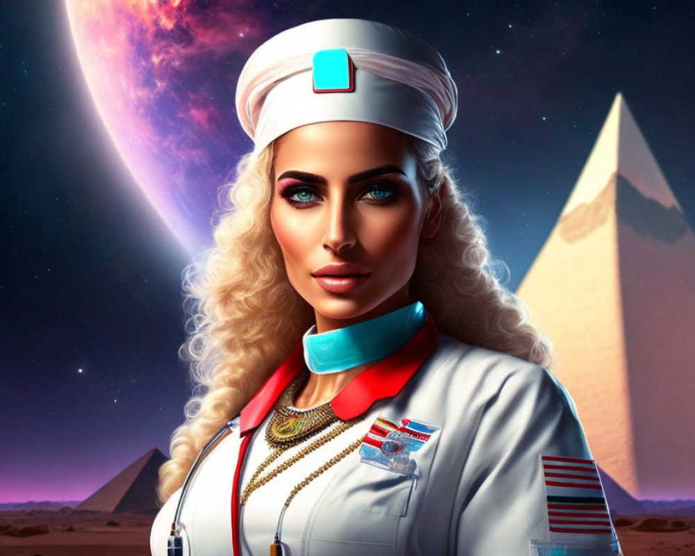 Futuristic nurse in stylized uniform by pyramid under night sky