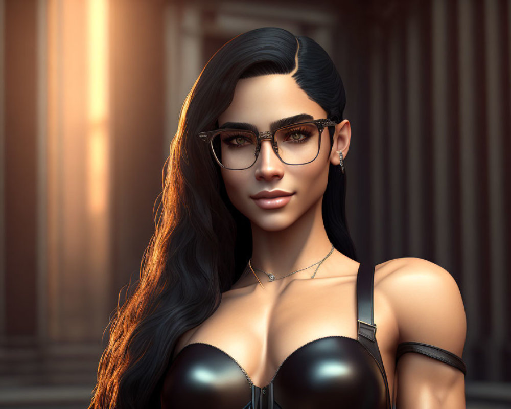 3D rendering of woman with black hair, glasses, black top, necklace, against blurred columned