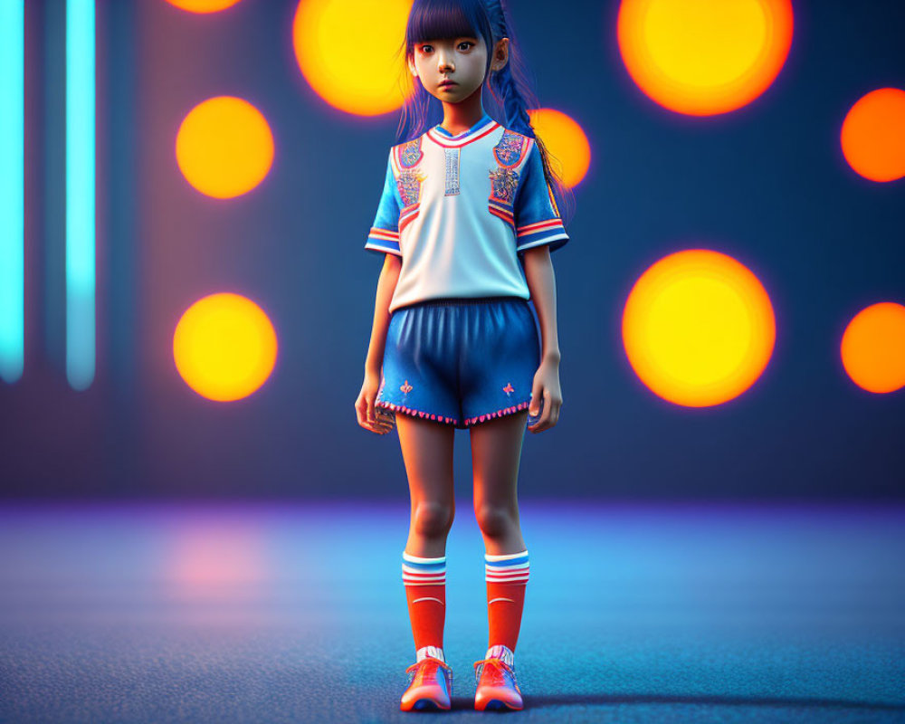 3D-rendered image of girl with purple hair in sporty outfit on neon-lit background