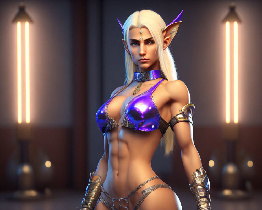 Elf woman with pointed ears in shiny purple outfit - 3D illustration