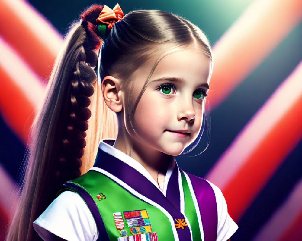 Young girl with long braid and bow in school uniform against colorful background