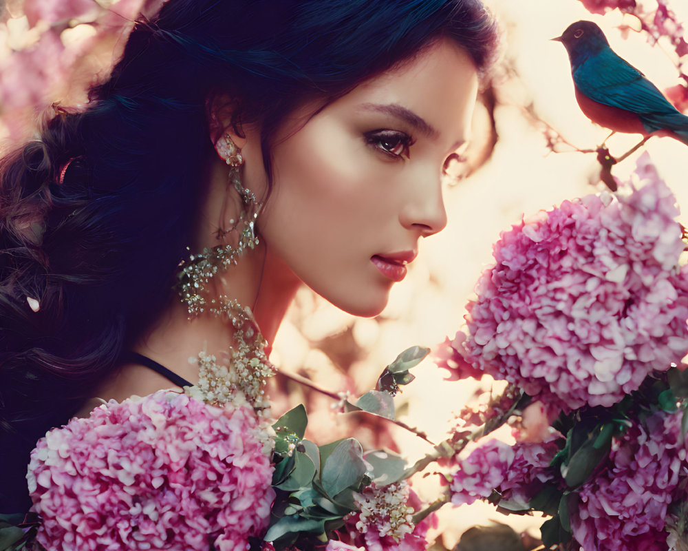 Woman with Long Hair Among Pink Flowers and Bluebird in Dreamy Setting