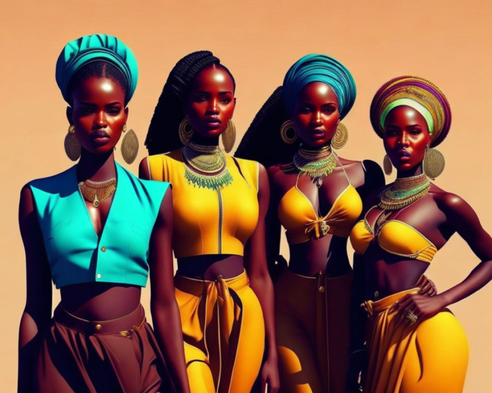 Four Women in Stylish African Attire and Headwraps on Warm Background