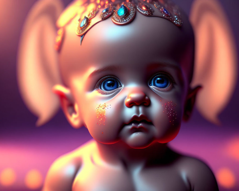 3D-rendered baby with blue eyes and jeweled headpiece in surreal purple background