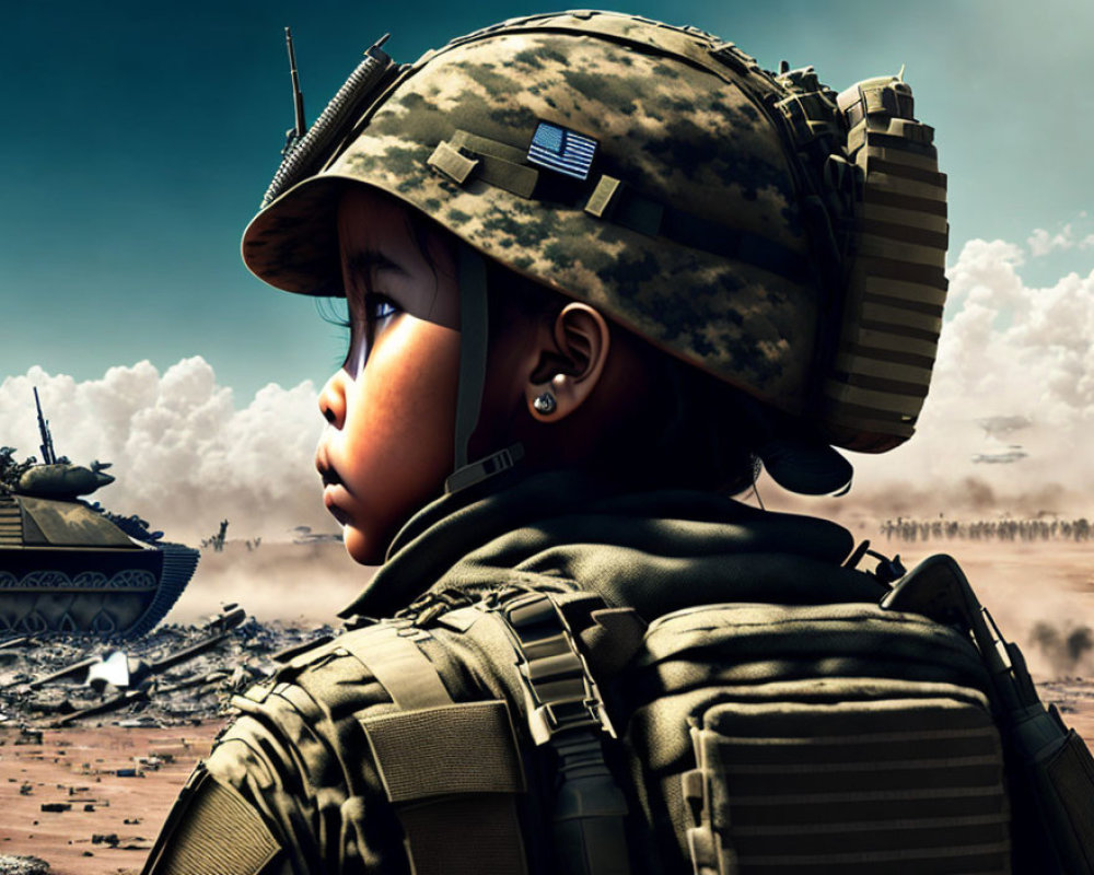 Child in military gear with American flag helmet in war-torn landscape