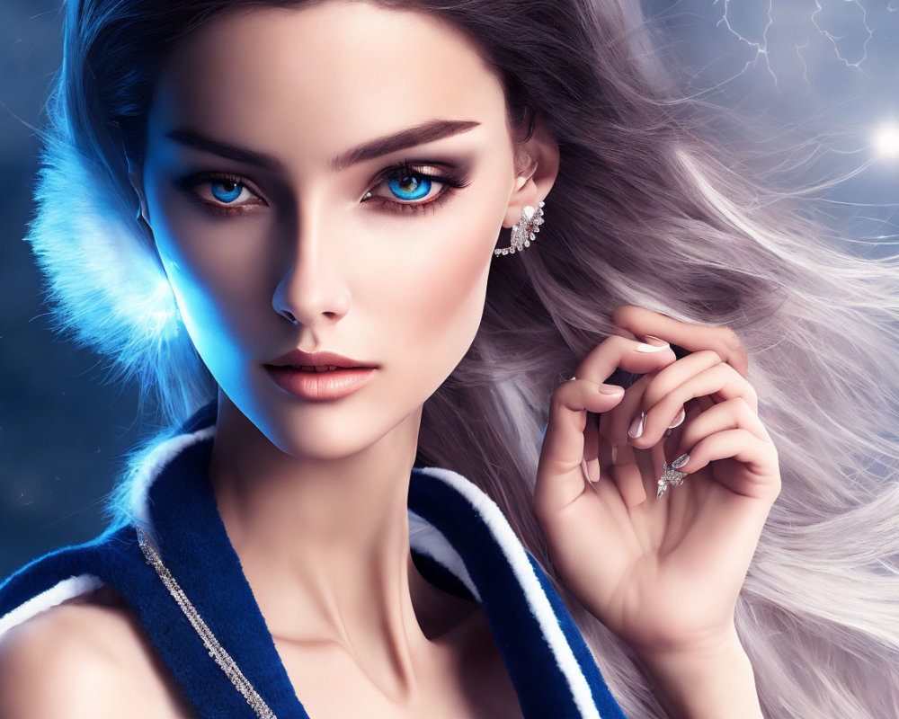 Digital Art Portrait: Woman with Blue Eyes, Silver Hair, and Jewelry on Mystical Background