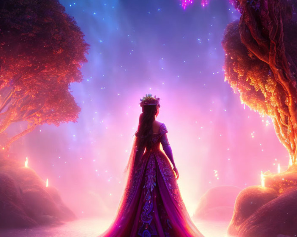 Majestic queen in flowing gown in enchanted forest with magical trees and starry sky.
