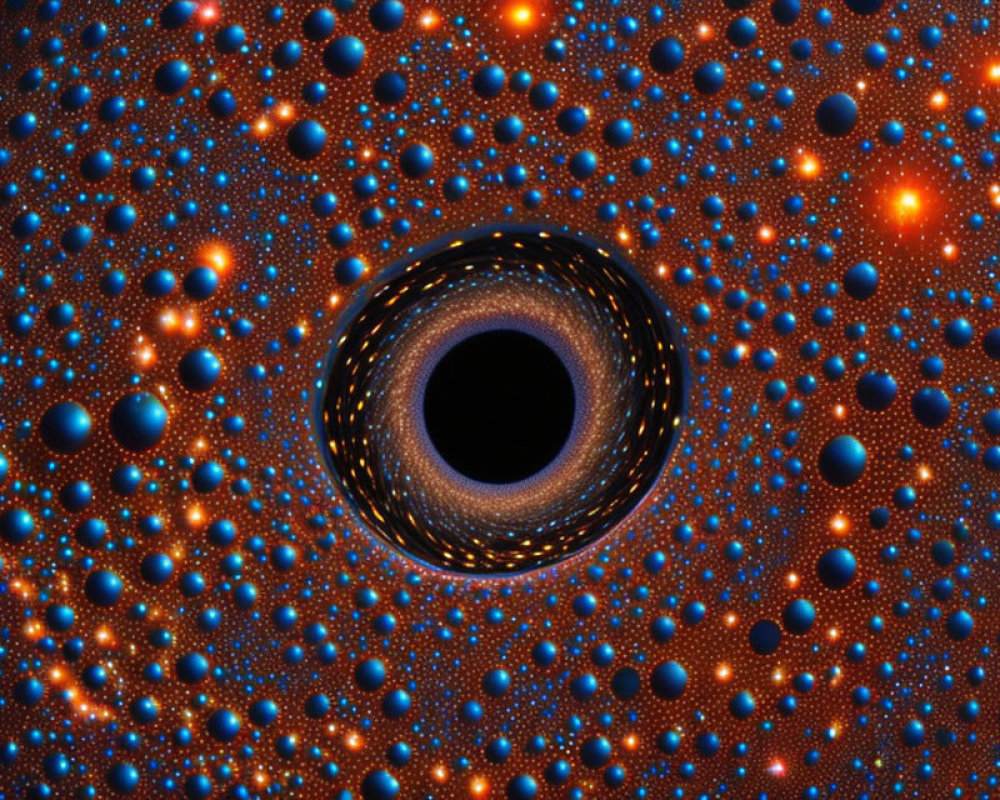 Digital artwork: Black hole with accretion disk and glowing orbs on blue backdrop