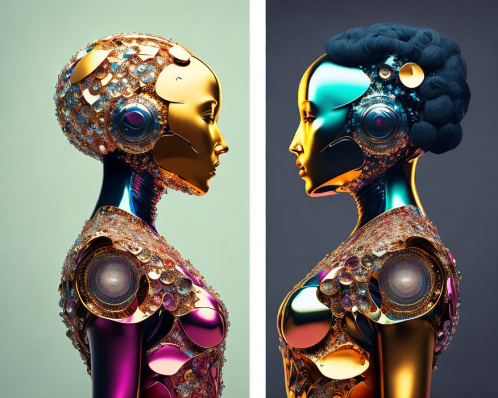 Futuristic robot figures with decorative headpieces on dual-toned background