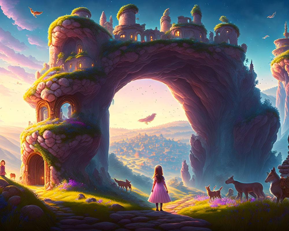 Enchanted archway with houses, greenery, and girl in pink dress.