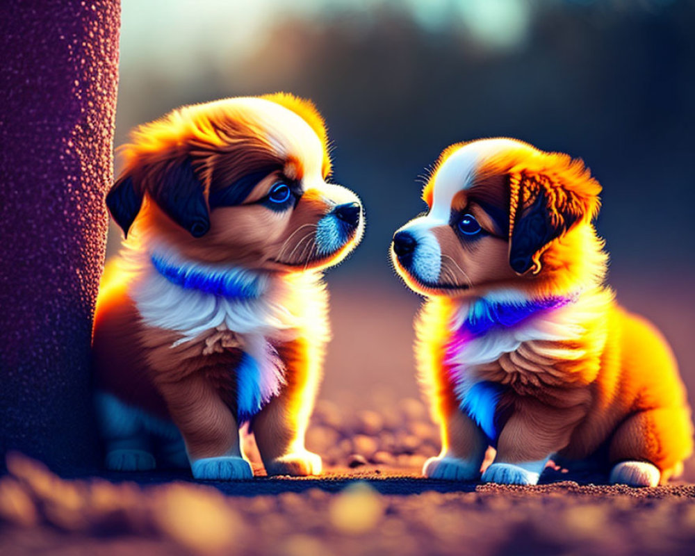 Brown and White Fur Puppies in Soft Glow Against Blurred Background