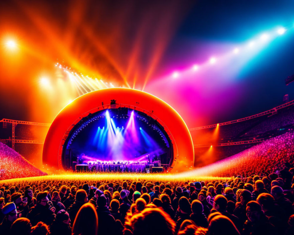 Crowded concert scene with purple and orange stage lights