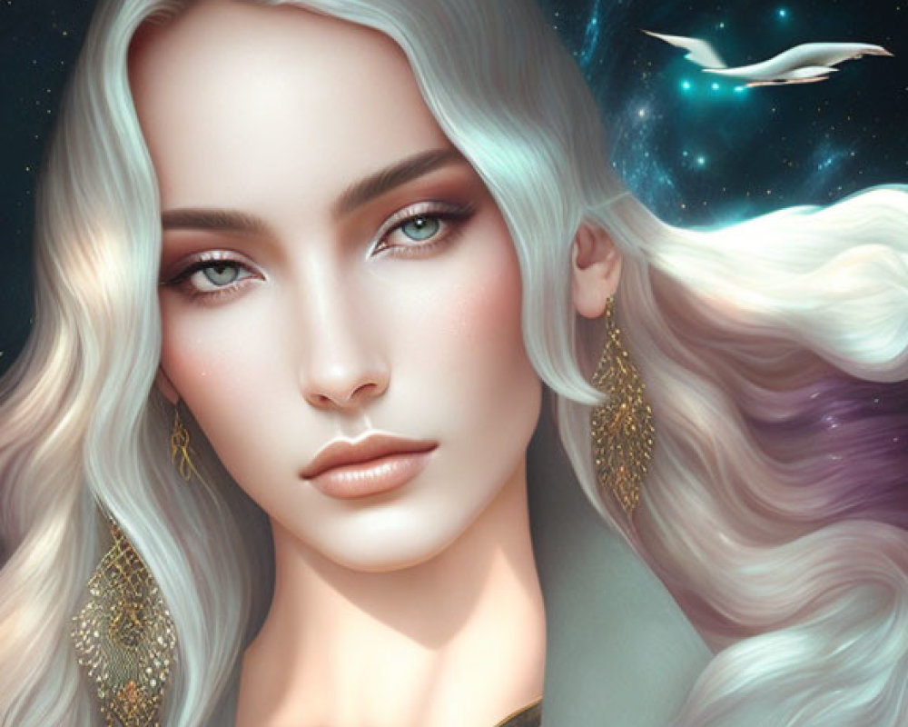 Digital Artwork: Woman with Pale Skin, White Hair, Blue Eyes, Gold Jewelry, Starry