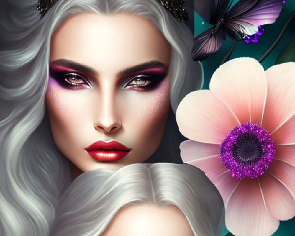 Digital Artwork: Identical Women with Silver Hair, Makeup, Flowers, Butterflies, Cosmic Background