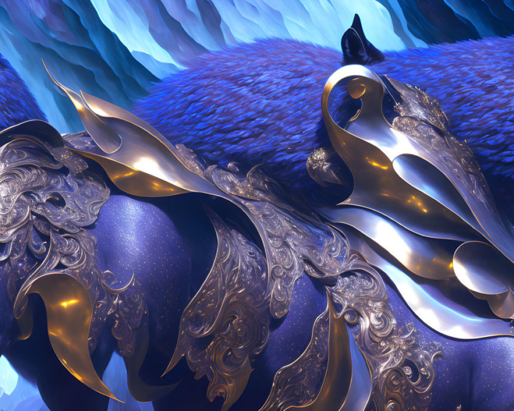 Mythical creature with horse body and blue fox head in golden armor under celestial sky