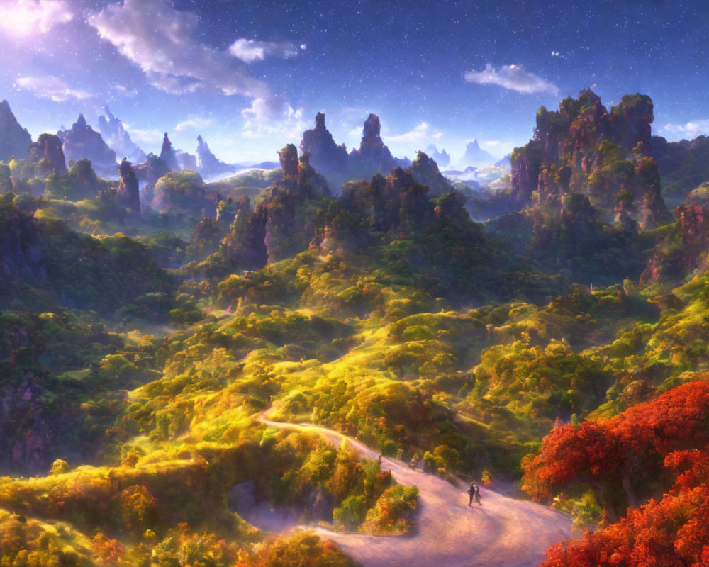 Fantastical landscape with lush foliage, rock formations, winding path, and person walking under starry