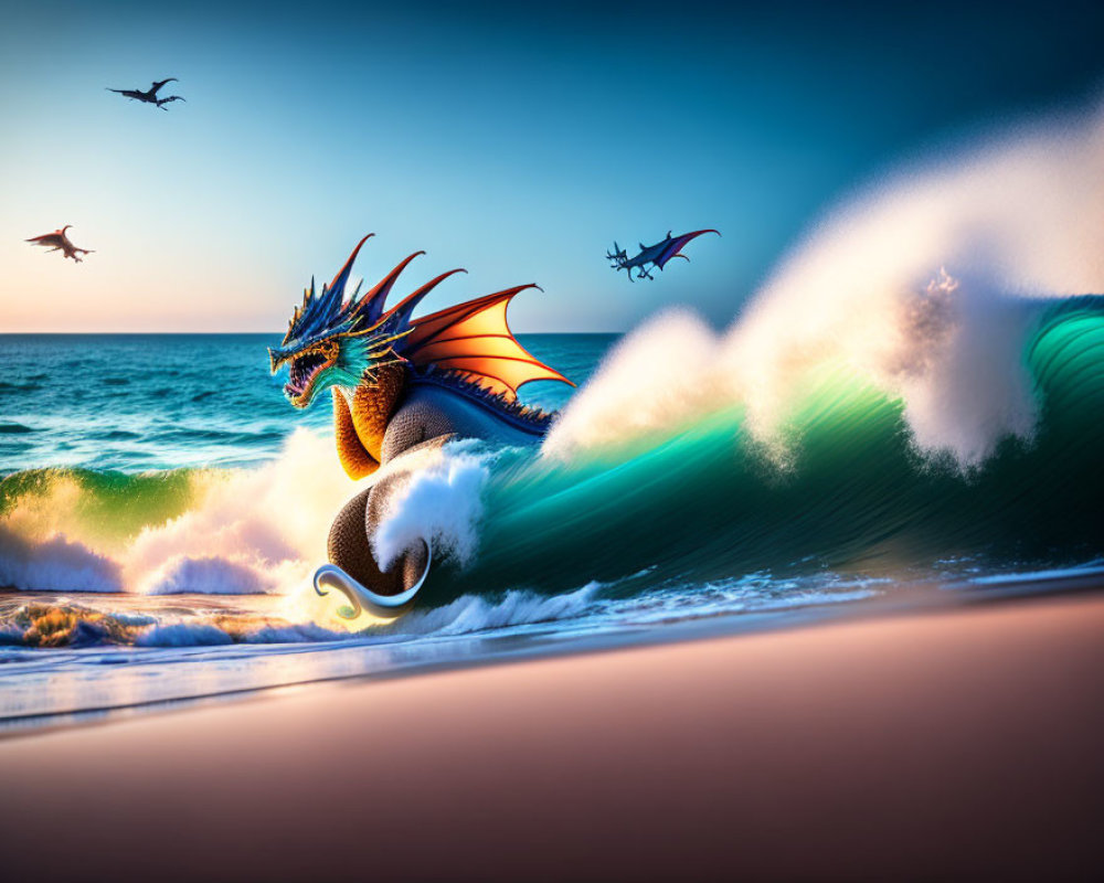 Blue-scaled dragon with orange wings in ocean wave with flying birds
