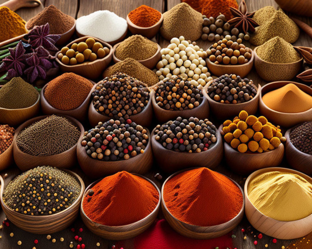 Various Spices in Small Bowls on Wooden Surface