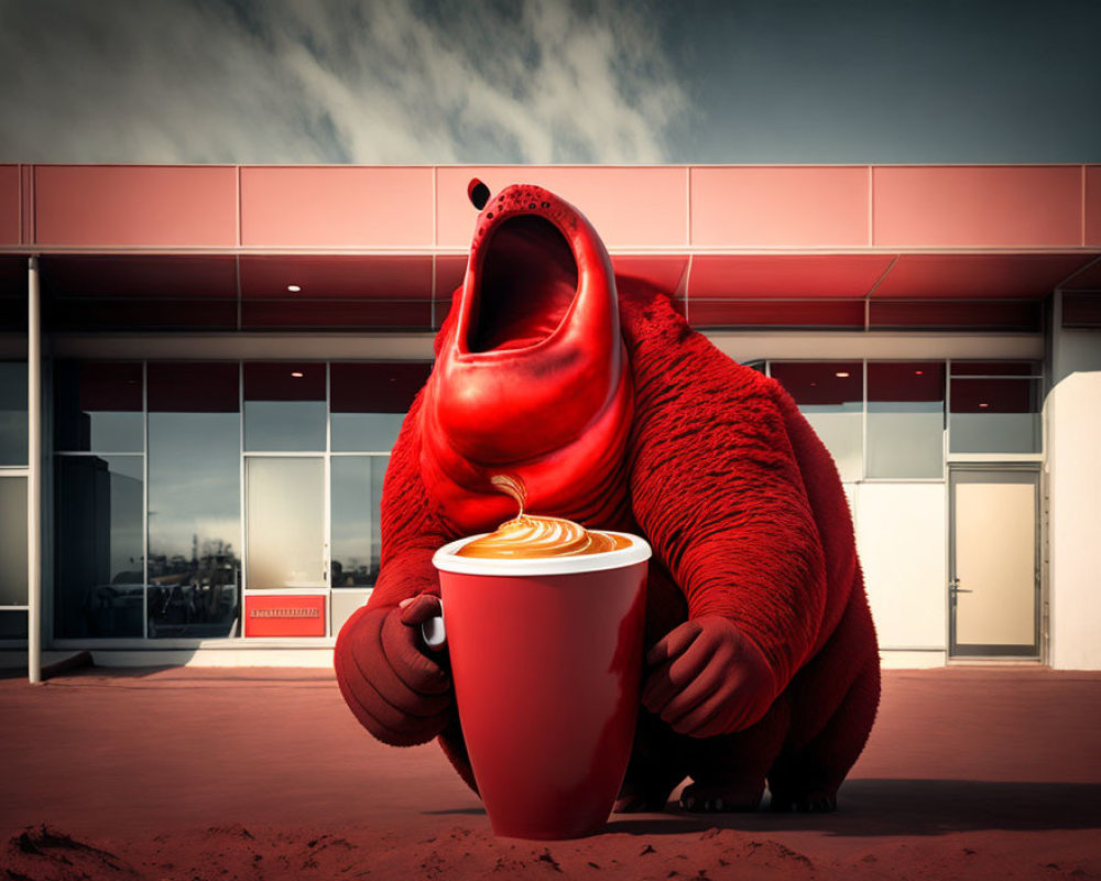 Red Creature Holding Coffee Cup in Front of Modern Building