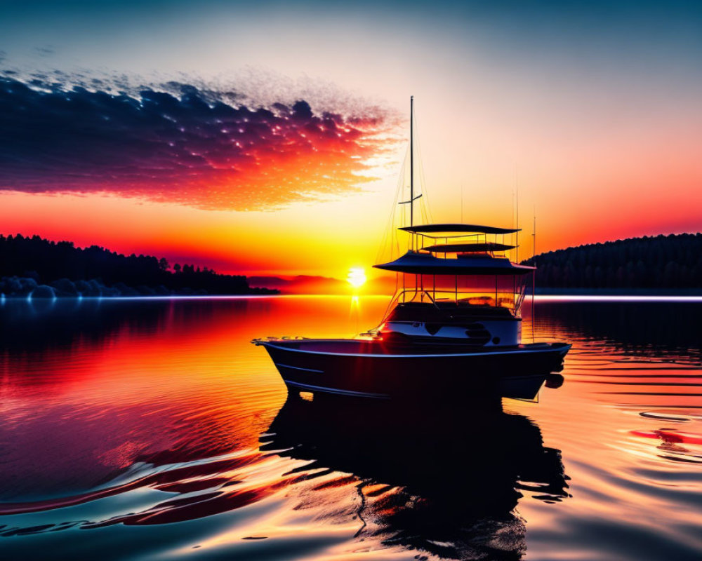 Boat on Tranquil Lake at Sunset with Orange and Blue Skies
