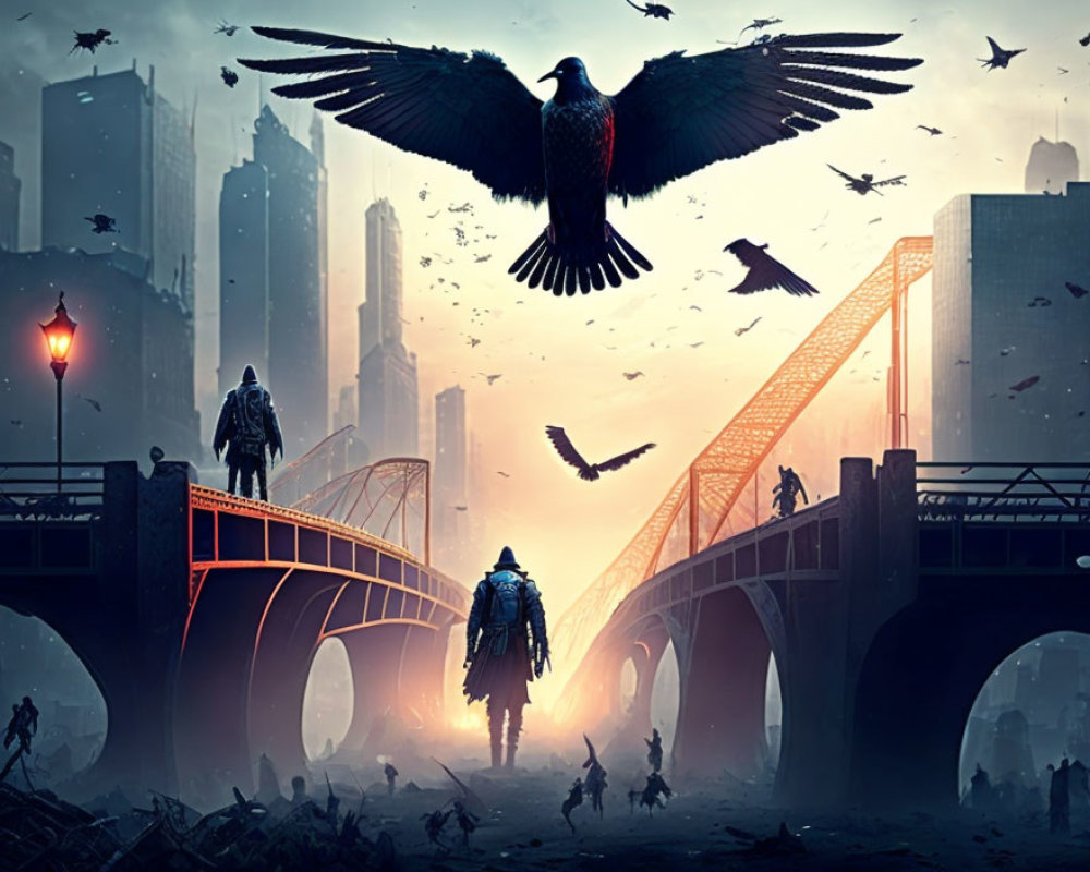 Silhouetted figures on bridge in dystopian ruins with flying birds at dawn or dusk