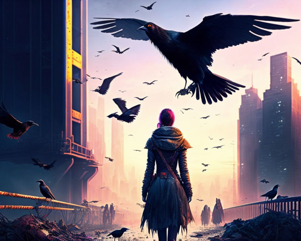 Person on Bridge in Dystopian Cityscape with Birds at Pink Dawn or Dusk